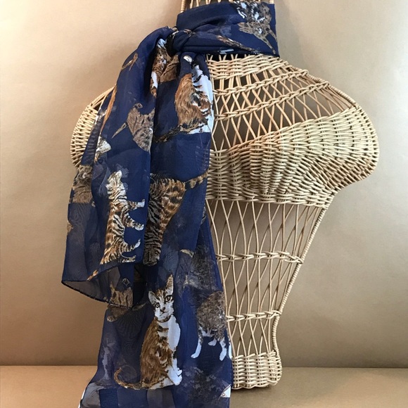 Whimsical Cat Print Large Rectangular Scarf VTG - Picture 2 of 7